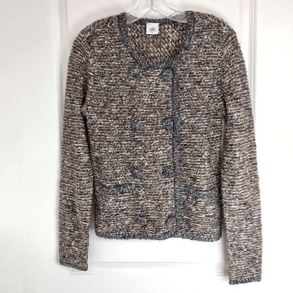 CAbi Grey Brown Sweater Jacket‎ Mixed Tweed LS Double Breasted Hidden Snaps S - Picture 1 of 10
